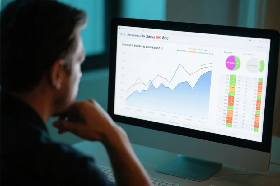 一个人在电脑前分析澳洲幸运8数据图表，屏幕上显示折线图和数据分析结果，人物专注思考