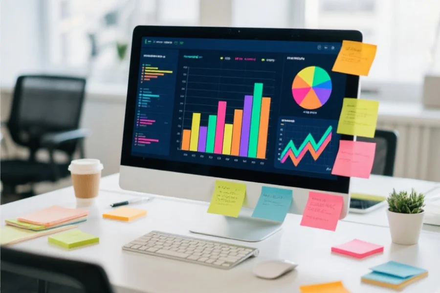 多彩的走势图和数据分析图表在电脑屏幕上展示，周围摆放着便签和咖啡杯，体现高效工作氛围